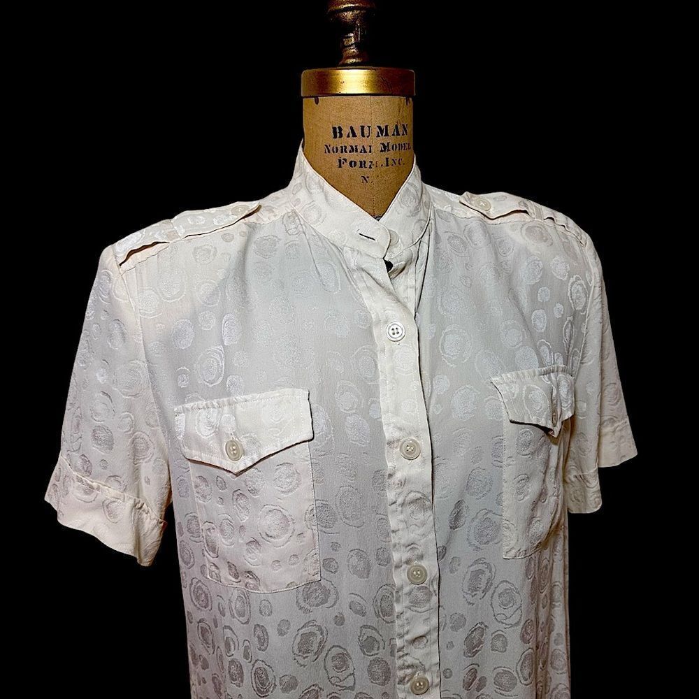 Levino Verna Vintage Cream patterned Silk Short Sleeve band collar Shirt size 14